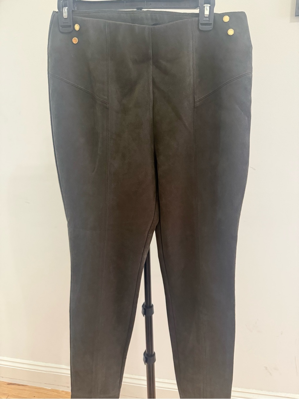 Marc New York Olive Suede-Look Skinny Pants with Gold Buttons